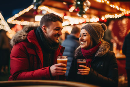 Man and Woman Drinking Beer at Christmas Market, Two young cheerful people drinking mulled wine at the christmas market on a winter vacation, AI Generatedの素材
