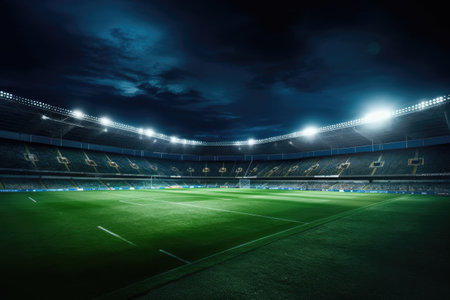 An image capturing the tranquil ambiance of an empty soccer stadium with a vibrant green field, Universal grass stadium illuminated by spotlights and an empty green grass playground, AI Generatedの素材