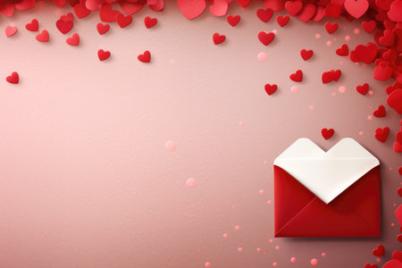 Red Envelope With Floating Hearts, Celebratory Symbol of Love and Affection, Valentine's day background with an envelope, paper card, and various red hearts for a love romantic message, AI Generatedの素材