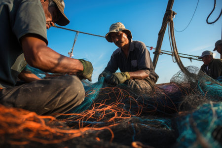 A group of men sitting together on the upper deck of a boat, enjoying their time together, Vietnamese fishermen repairing fishing nets, Fishermen are cleaning Thai fishing nets, AI Generatedの素材