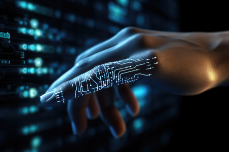 Hand Touching Screen With Circuit Board in Background, View of a cyborg hand holding a futuristic interface with binary code and data, presented in 3D rendering, AI Generatedの素材