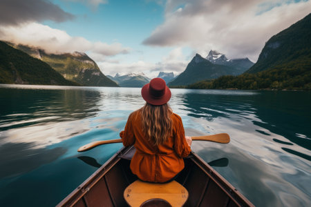 A woman wearing a red hat skillfully rows a boat, enjoying an outdoor recreational activity, View from the back of a girl in a canoe floating on the water among the fjords, AI Generatedの素材
