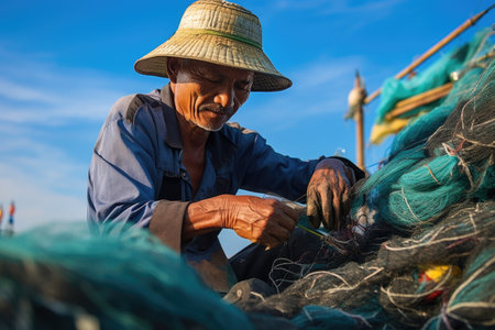 A man wearing a straw hat is busy repairing a fishing net, Vietnamese fishermen repairing fishing nets, Fishermen are cleaning Thai fishing nets, AI Generatedの素材