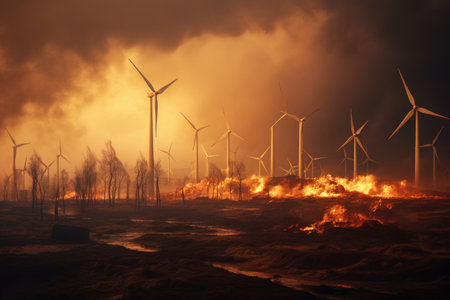 Windmills in Field, A Scenic Landscape With Multiple Windmills in the Background, View of a wind farm with turbines on fire, a concept of Energy Crisis and Pollution, AI Generatedの素材