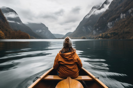 A lone person peacefully rows a small boat on a calm body of water, surrounded by natures tranquility, View from the back of a girl in a canoe floating on the water among the fjords, AI Generatedの素材