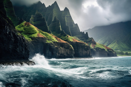 A breathtaking scene of a vast alpine lake surrounded by towering mountains, creating a serene expanse of water and peaks, View of Na Pali Coast on Kauai island in Hawaii, AI Generatedの素材