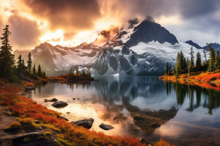 Majestic Mountain Scene With Scenic Lake, View from Picture Lake of Mount Shuksan while the sunrise breaks through an incoming storm during the fall season, AI Generatedの素材