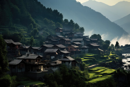 A picturesque village surrounded by towering mountains, offering serene beauty and a close connection with nature, Village in the mountains, AI Generatedの素材