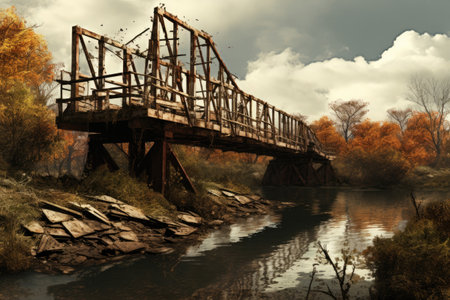 A serene landscape painting capturing the beauty of a bridge over a peaceful river, offering a tranquil water crossing, Vintage bridge, AI Generatedの素材