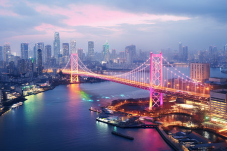 A gigantic bridge gracefully stretches over a colossal expanse of water, View of Tokyo Bay, Rainbow Bridge, and Tokyo Tower landmark, AI Generatedの素材