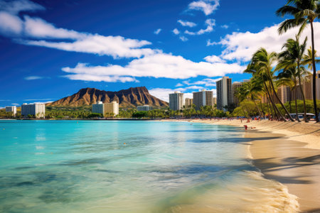 Picturesque Beach With Palm Trees and Buildings in the Background, Waikiki Beach and Diamond Head Crater, including the hotels and buildings in Waikiki, Honolulu, Oahu island, Hawaii, AI Generatedの素材