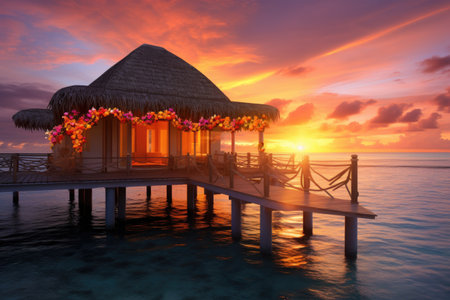 A serene and peaceful dock with a hut, set against a vibrant sunset on a calm evening, Water bungalow, Sunset on the islands of the Maldives, A place for dreams, AI Generatedの素材