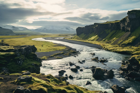 River Flowing Through Vibrant Green Valley Surrounded by Lush Vegetation and Mountains, Wanderlust explorer discovering Icelandic natural wonders, AI Generatedの素材