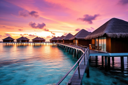 A picturesque dock leads to a line of charming overwater huts set against a serene backdrop, Water villas on Maldives resort island in the sunset, AI Generatedの素材