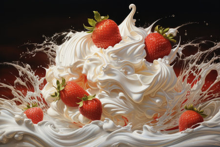 A mouthwatering close-up image of a cake topped with fluffy whipped cream and juicy strawberries, Whipped Cream Fantasy, A Strawberry Symphony, AI Generatedの素材