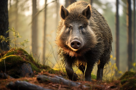 A wild boar confidently wanders through the dense woodland, showcasing its natural habitat, Wild boar Sus scrofa in the Czech Republic, AI Generatedの素材