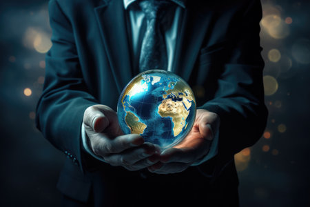 Businessman Hold Small Globe - Global Investment and Opportunities, World government that prioritizes global cooperation and diplomacy, AI Generatedの素材