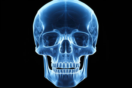 A detailed illustration of a blue skeletons head, providing a comprehensive visual representation of the anatomical structure, X-ray image of a human skull, AI Generatedの素材