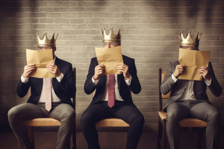 Three men wearing crowns sit on chairs in a posed, regal manner, Young individuals hiding their faces behind paper sheets with question marks while waiting for job interviews indoors, AI Generatedの素材
