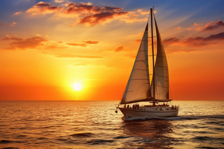 A sailboat gracefully navigates the ocean as the sun sets on the horizon, Yacht cruising at sunset, AI Generatedの素材