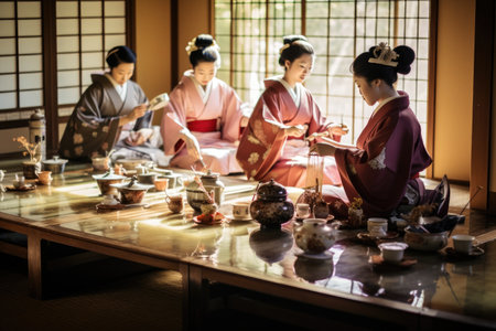 A group of women sit around a wooden table engaging in conversation and discussion, A traditional tea ceremony celebration in Japan, AI Generatedの素材