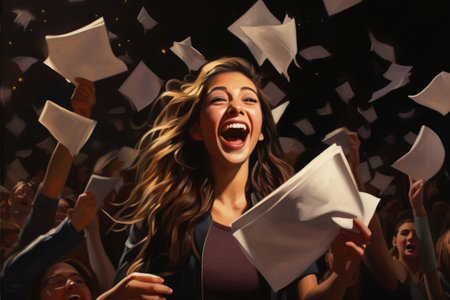 A woman confidently holds up a sheet of paper, addressing a large audience with a significant message, A triumphant student opening a college acceptance letter, AI Generatedの素材