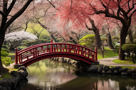 Experience tranquility and serenity as you traverse the picturesque red bridge over a small pond in this beautiful park, A tranquil Japanese garden with a Koi pond and red bridge, AI Generatedの素材