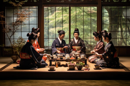 A group of women gather around a table to enjoy a meal together, A traditional tea ceremony celebration in Japan, AI Generatedの素材