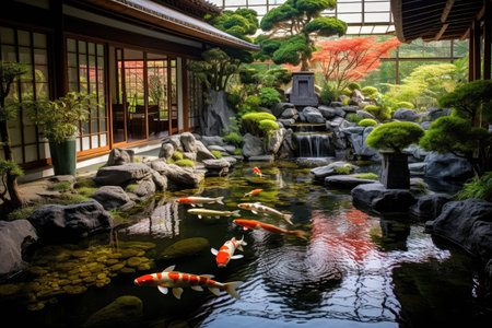 A serene Japanese garden filled with koi fish gracefully swimming in the tranquil water, A tranquil Japanese zen garden with a koi pond, AI Generatedの素材
