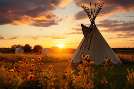 A teepee, a traditional Indigenous dwelling, stands in the middle of a vast and serene field, A traditional tipi in a field with a sunset, AI Generatedの素材