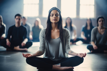 A diverse group of individuals sitting in a room as they practice yoga together, A tranquil meditation session in a high school wellness class, AI Generatedの素材