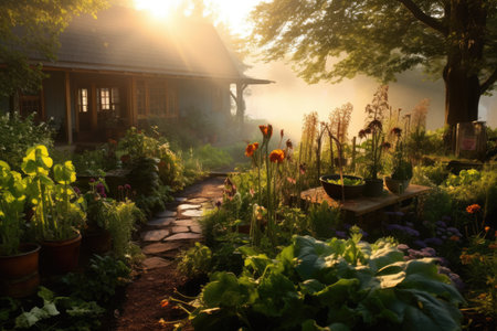 A picturesque garden with a charming house visible in the distance, A tranquil organic herb garden in the morning light, AI Generatedの素材