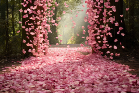 A beautiful pathway covered in soft pink petals leading through a serene outdoor location, A trail of rose petals leading to a surprise gift, AI Generatedの素材