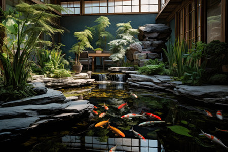 Explore a vibrant room where abundant water and lush plants create a serene and refreshing oasis, A tranquil zen garden with koi pond and rock formations, AI Generatedの素材