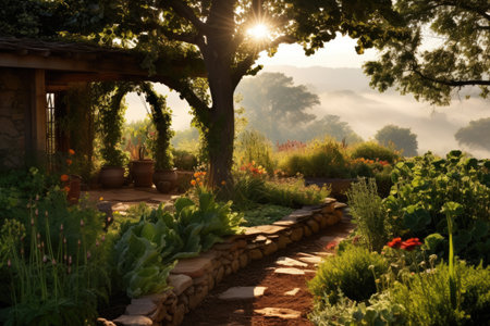 The sun shines through the trees, casting gentle rays of light in a serene garden setting, A tranquil organic herb garden in the morning light, AI Generatedの素材