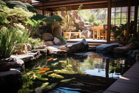 A peaceful pond filled with a diverse array of fish swimming gracefully in their natural habitat, A tranquil zen garden with koi pond and rock formations, AI Generatedの素材