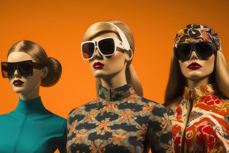 Three mannequins are shown wearing sunglasses and head coverings in this image, A trip through history showcasing different styles of swimsuits, AI Generatedの素材