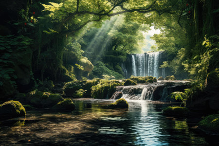 Immerse yourself in tranquility as you behold a breathtaking waterfall nestled within a vibrant, verdant forest, A tranquil waterfall flowing through a lush, summertime forest, AI Generatedの素材