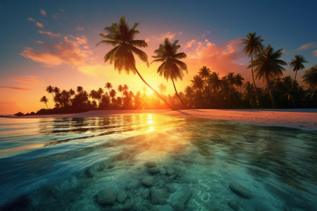 Tropical Beach With Palm Trees at Sunset, Idyllic Scenery in a Picture-Perfect Setting, A tropical island with crystal clear waters and palm trees at sunrise, AI Generatedの素材