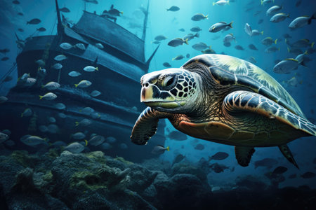 A turtle gracefully swims in the vast ocean as schools of fish swirl around it, A turtle swimming amongst a school of fish near a shipwreck, AI Generatedの素材