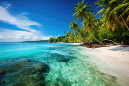 A picture of a tranquil tropical beach with swaying palm trees and sparkling clear water, A tropical paradise with a palm-lined beach and clear turquoise water, AI Generatedの素材