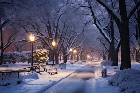 A park covered in snow at night, illuminated by the warm glow of street lights, A twilight scene of a city park blanketed in snow, AI Generatedの素材