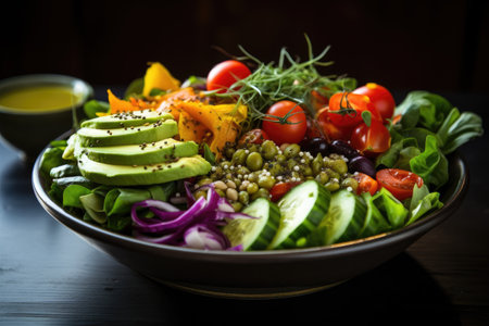 Enjoy a refreshing and nutritious salad made with avocado, tomatoes, cucumber, and a touch of red onion, A vibrant vegan salad with assorted vegetables, AI Generatedの素材