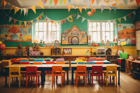 A classroom filled with tables, chairs, and decorative items, A vibrant kindergarten classroom full of enthusiastic children, AI Generatedの素材