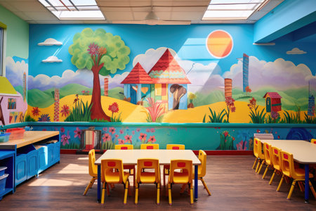 An image of a classroom featuring a captivating mural adorning the wall, A vibrant kindergarten classroom full of enthusiastic children, AI Generatedの素材