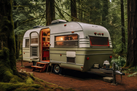 An RV is parked in a wooded area, its door wide open inviting exploration and adventure, A vintage camper vehicle turned into a compact travel home, parked in the wilderness, AI Generatedの素材