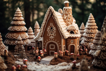 A stunning close up photograph showcasing a gingerbread house nestled amidst a picturesque scene of surrounding trees, A whimsical gingerbread house in a forest, AI Generatedの素材