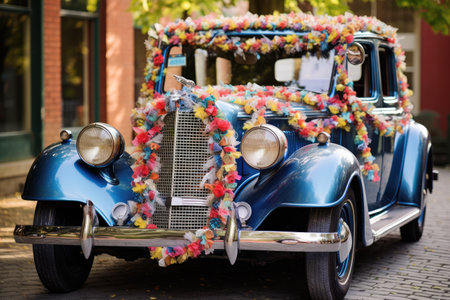 An old blue car, beautifully embellished with fresh flowers and colorful ribbons, A vintage wedding car adorned with ribbons and cans, AI Generatedの素材