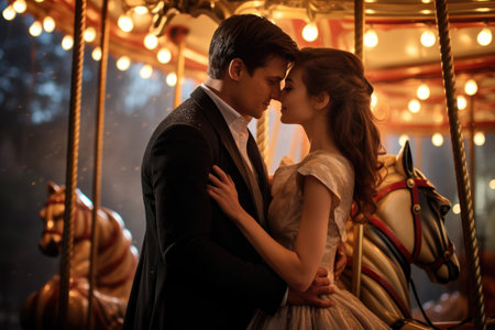 A heartwarming image capturing a man and woman in a tender embrace as they share a passionate kiss on a merry go round, A whimsical carousel ride with a couple deeply in love, AI Generatedの素材