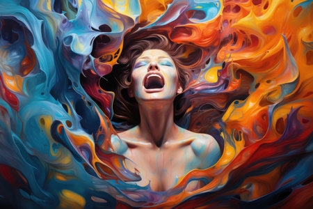 A painting of a woman with her mouth open, expressing emotion or speech, A whirlwind of emotions conveyed through swirling acrylic hues, AI Generatedの素材